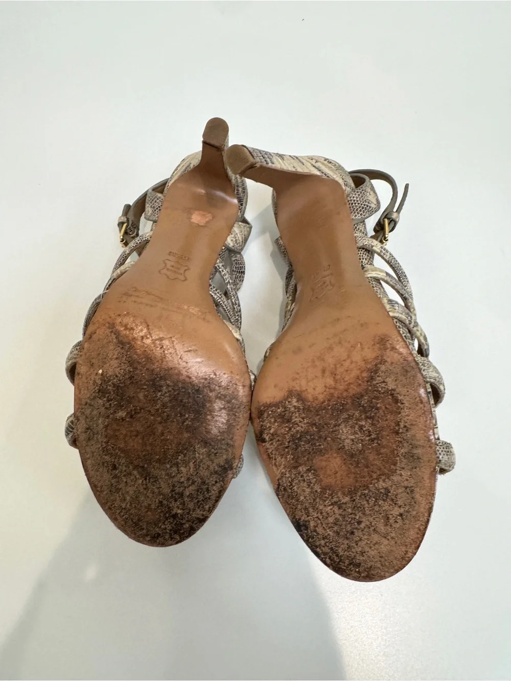 Tory Burch Charlene Cream Snake Embossed Leather Caged Heeled Sandals 6.5 Shoes